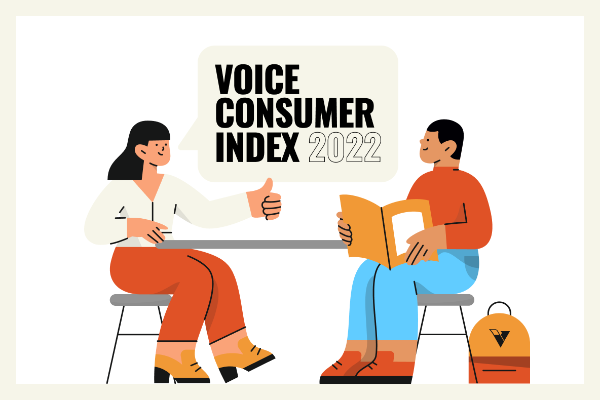 Two people discussing the Voice Consumer Index 2022 from Vixen Labs.